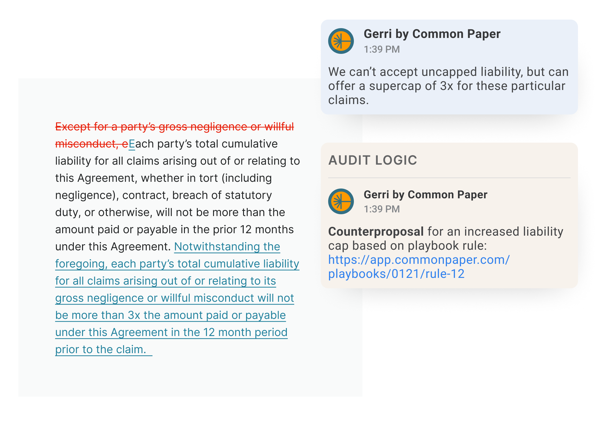 Gerri applying negotiation logic to a clause and adding comments